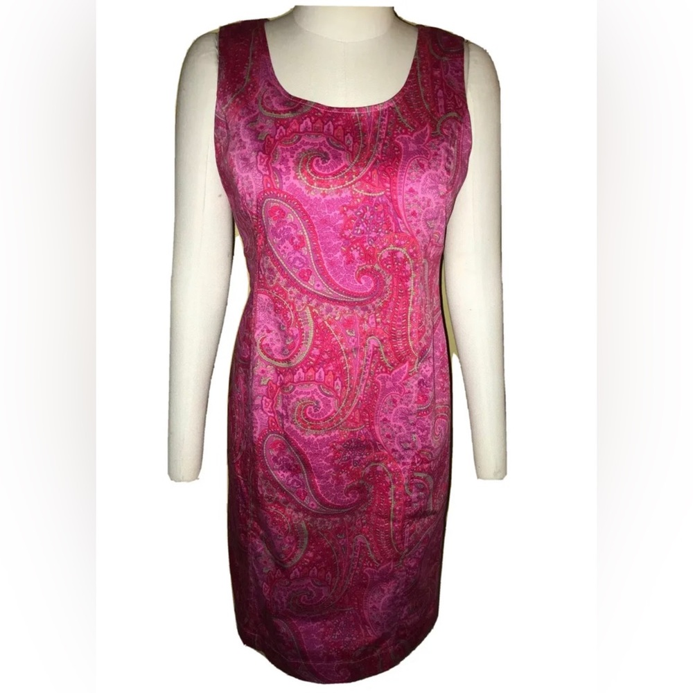 Jones New York Pink Green Paisley Sleeveless Zip Back Sheath Dress